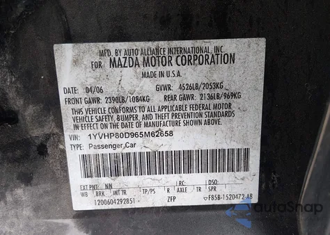 2006 Mazda Mazda6 S Grand Sport z USA, uszkodzony, nr VIN 1YVHP80D965M62658